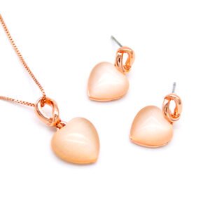 Wholesale rose gold heart set with simple cat eye stone pendant necklace and stud earrings, true gold plated, from JuneJewelry.com.