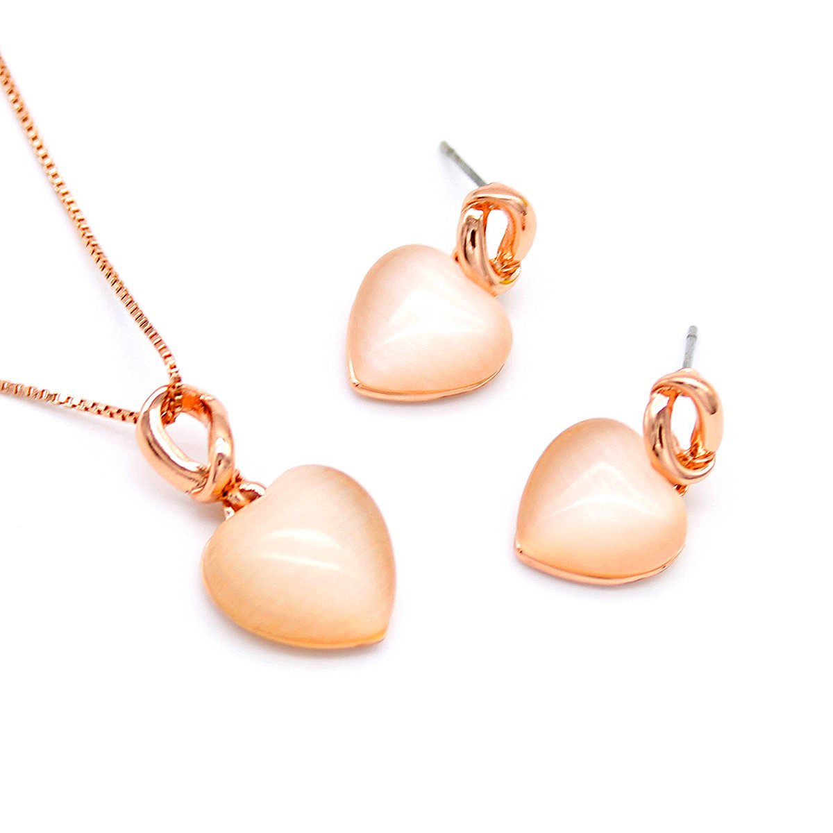 K300848A-001.70.A Wholesale rose gold heart set with simple cat eye stone pendant necklace and stud earrings, true gold plated, from JuneJewelry.com.