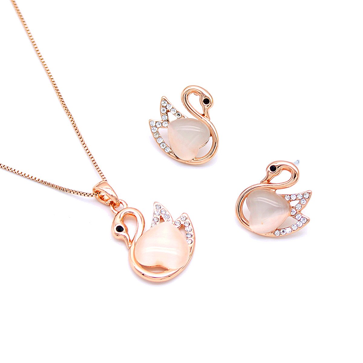 K300973A-001.82.A Wholesale rose gold swan set with cat eye stone body, clear zircon wings, pendant necklace, and stud earrings, from JuneJewelry.com.