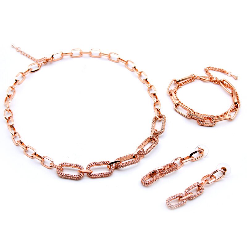 Wholesale Zircon Chain Set with chunky links and micro-pavé cubic zirconia accents in rose gold plating from JuneJewelry.com – trendy fashion jewelry for bulk purchase.