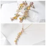 Wholesale Colorful Zircon Flower Tassel Jewelry Set in Dopamine style, featuring multi-colored inlaid zircon gemstones, a flower tassel necklace (choker/collar chain), and matching earrings, available in 18K Gold Plated or White Gold Plated copper from junejewelry.com.