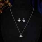 New Light Luxury Saturn Pendant Necklace Earrings Set, copper metal plated with white gold, featuring an exquisite planet charm. Ideal Clavicle Chain and matching earrings with an advanced, sophisticated aesthetic.