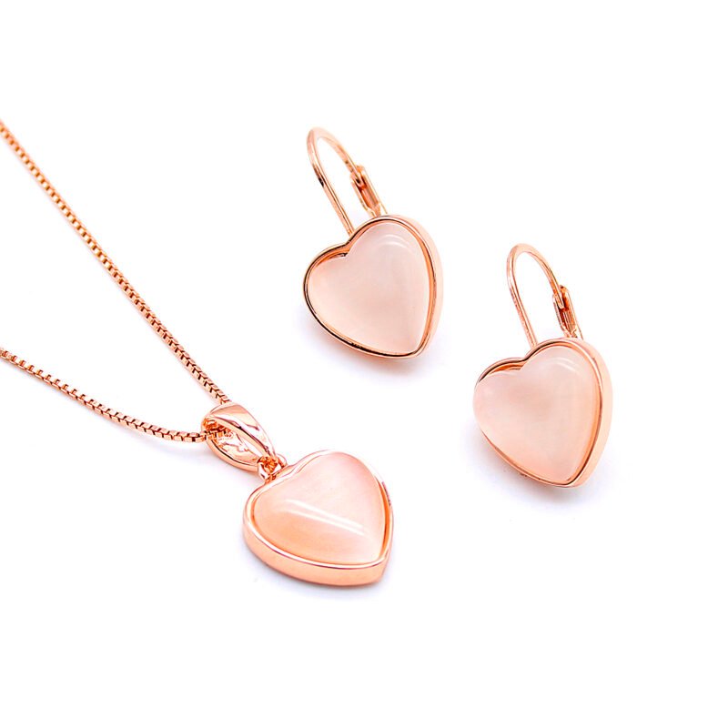 Wholesale Heart Cat Eye Jewelry Set in rose gold plating with pink heart cat eye stone from JuneJewelry.com – cheap, high-quality fashion jewelry for bulk sale.