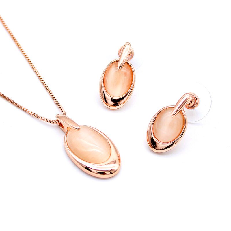 Wholesale Oval Cat Eye Jewelry Set with pink cat eye stone in true rose gold plating from JuneJewelry.com – cheap, high-quality fashion jewelry for bulk orders with free shipping.