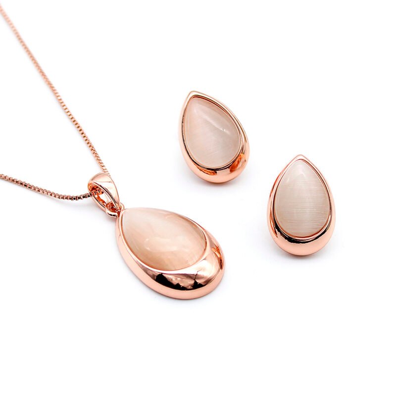 Wholesale teardrop cat eye jewelry set in rose gold plating with matching pendant necklace and stud earrings from JuneJewelry.com – unique and high-quality.