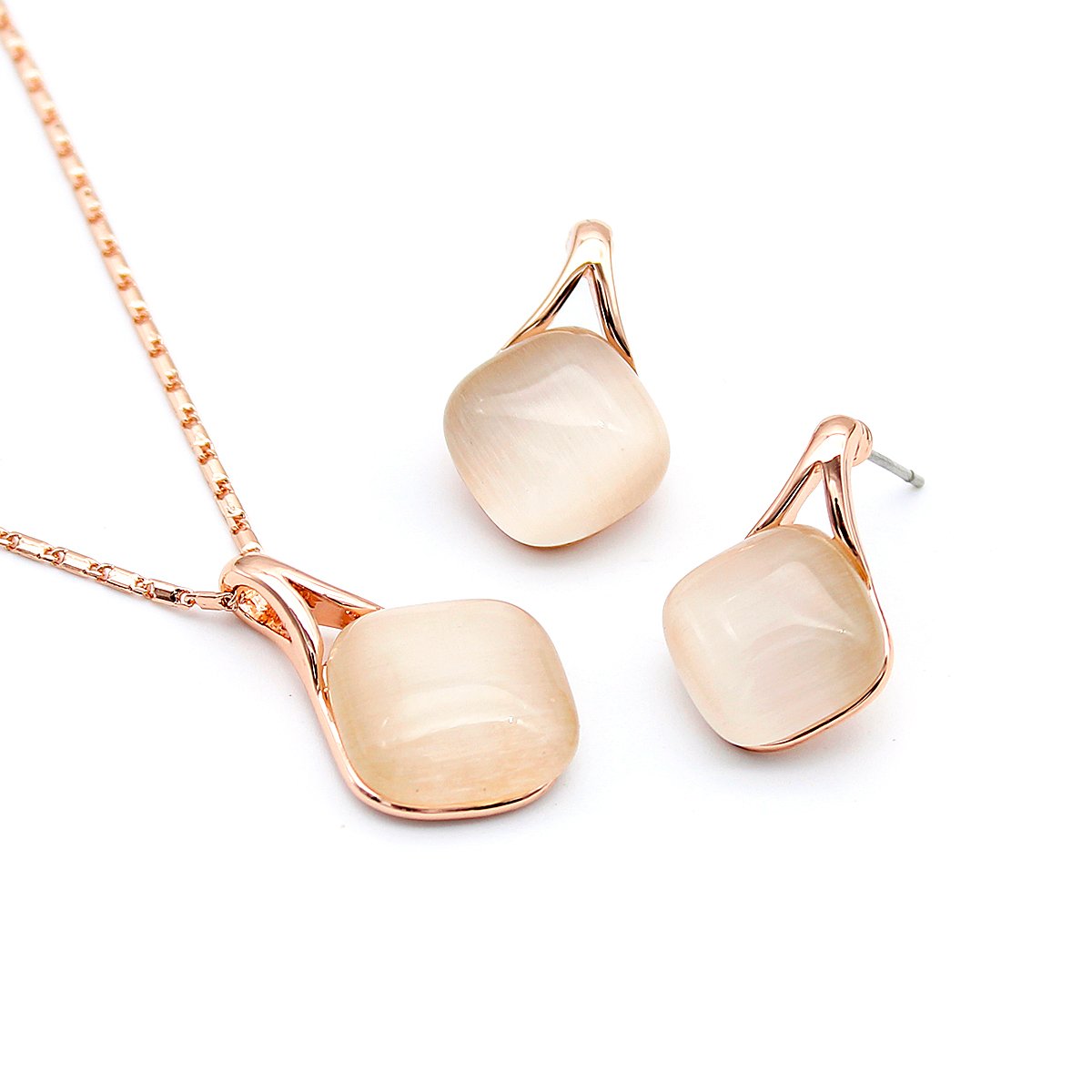SN2209002.74.A Wholesale square cat eye jewelry set in rose gold plating with modern cushion-cut pendant necklace and stud earrings from JuneJewelry.com – unique and high-quality.