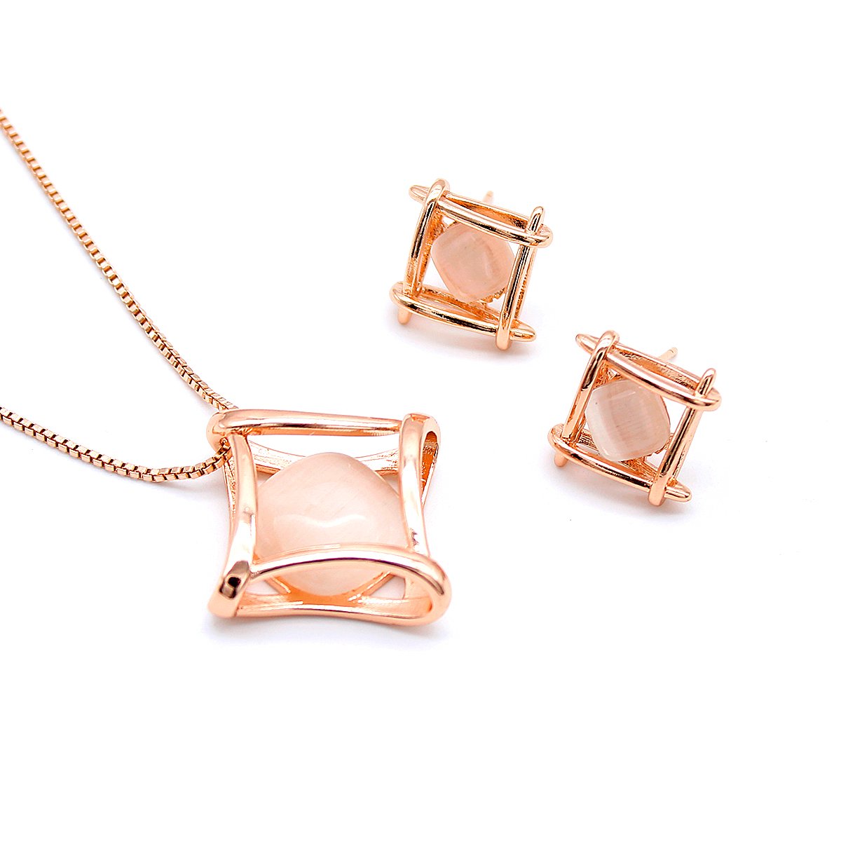SN2302001.78.A Wholesale Hourglass Cat Eye Set with round milky stone inside a geometric cage in rose gold plating from JuneJewelry.com – modern fashion jewelry for bulk orders.
