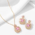 Wholesale perfume bottle jewelry set – crystal necklace and matching earrings with colorful gemstones, elegant high-end bridal and evening jewelry.
