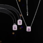 Wholesale pink square zircon jewelry set with minimalist necklace and stud earrings in white gold plating – elegant fashion jewelry from JuneJewelry.com.