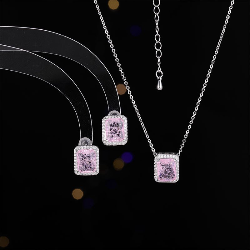T-006 (1) Wholesale pink square zircon jewelry set with minimalist necklace and stud earrings in white gold plating – elegant fashion jewelry from JuneJewelry.com.