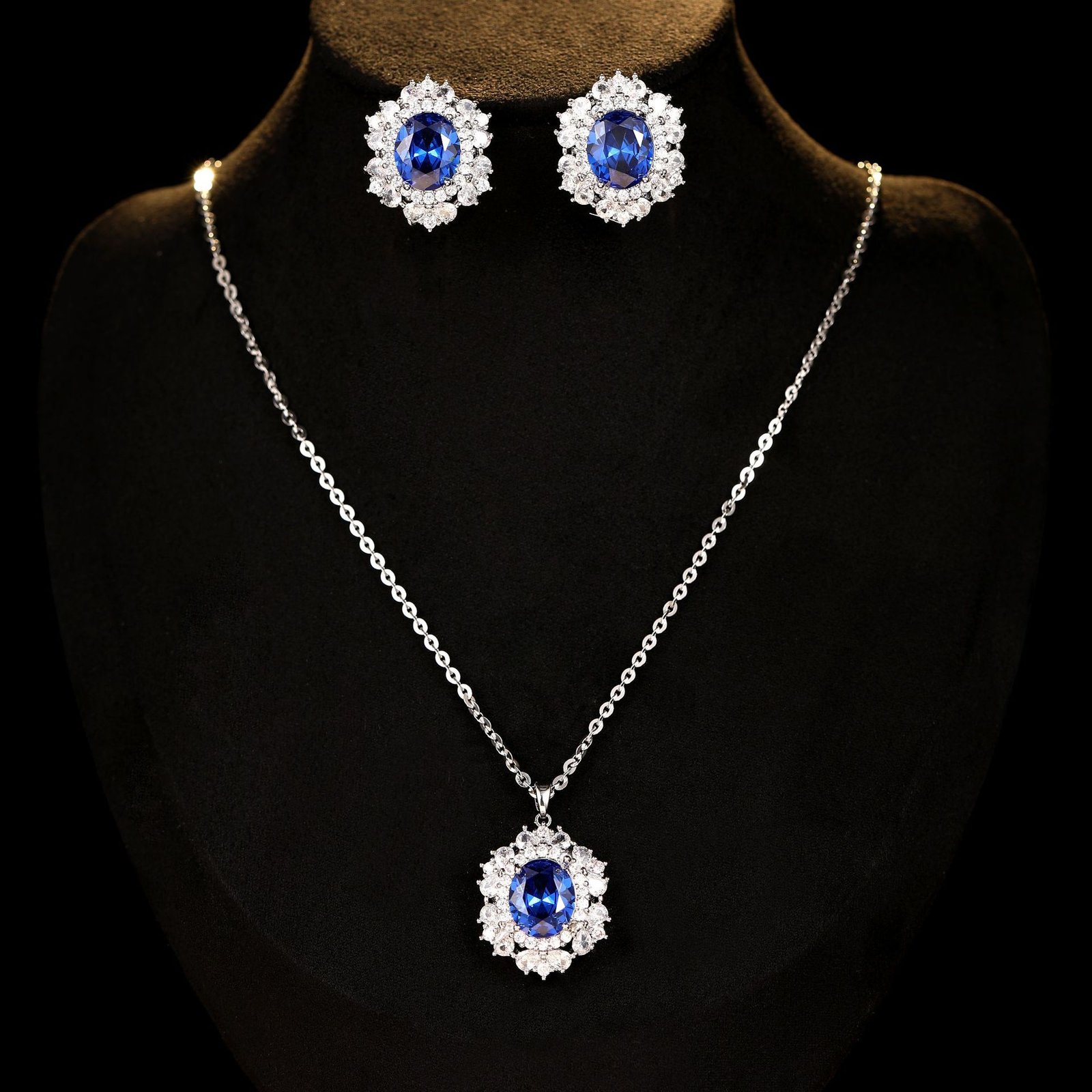 T-009 (3) Luxury zircon jewelry set wholesale – colorful zircon earrings and necklace on white gold plated brass, elegant evening jewelry from JuneJewelry.com.