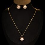 Wholesale Pearl Zircon Half Ball Set showing both the Rose Gold Plated version (Champagne Pearl) and the Silver Plated version (Gray Pearl) on black display mannequins.