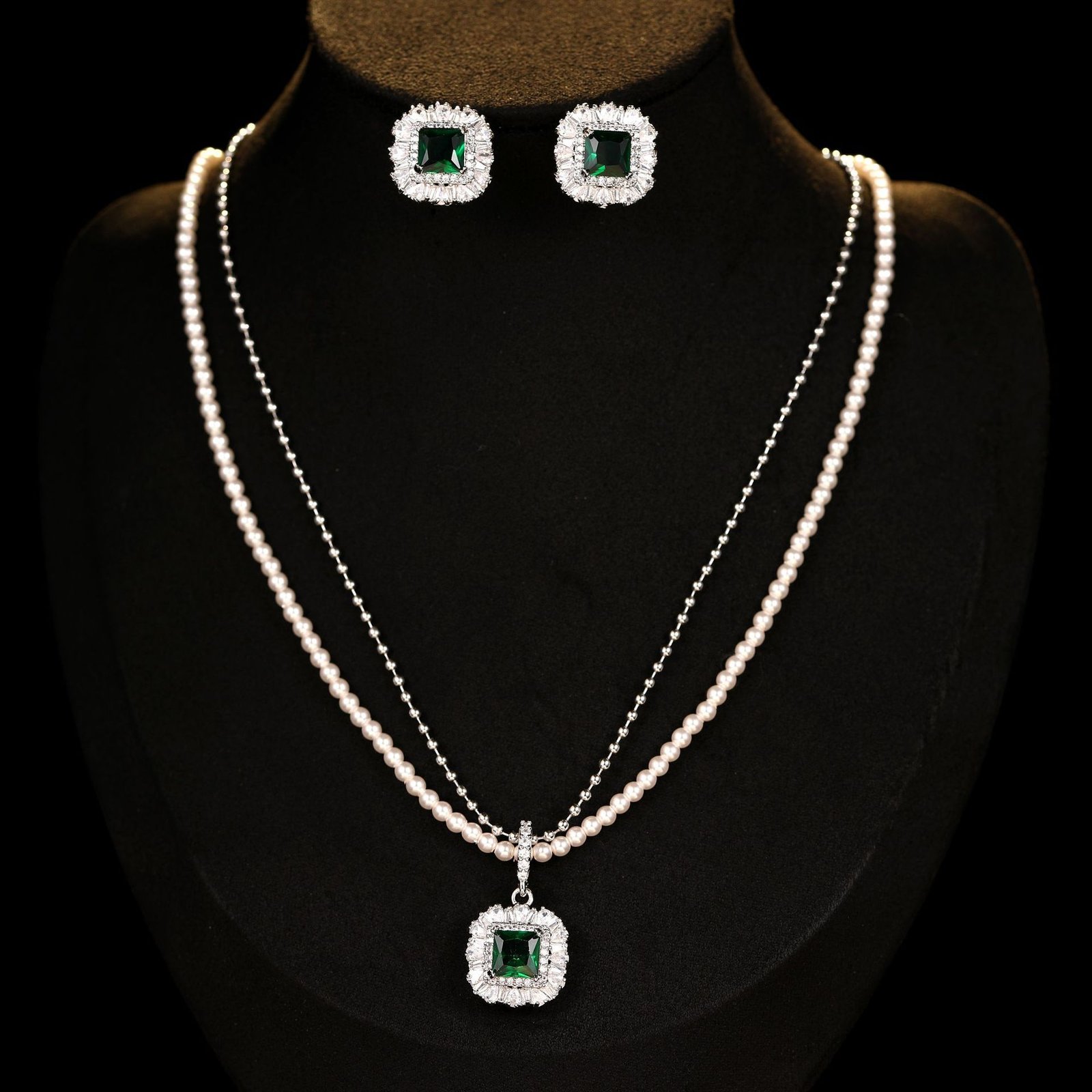 T-018 (1) Wholesale pearl zircon jewelry set with layered necklaces and earrings in white gold plating – elegant luxury fashion jewelry from JuneJewelry.com.