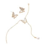 Mother of Pearl Butterfly Lariat Necklace Set shown in both gold and silver finishes. The set includes a Y-necklace with an MOP butterfly and pearl drop, and matching MOP butterfly stud earrings.