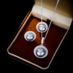 Wholesale Halo Pearl CZ Jewelry Set displayed in a box, showing a ring, stud earrings, and a pendant necklace. The design features a large round imitation pearl encircled by a halo of glittering cubic zirconia. Available in Golden Pearl/Yellow Gold and Black Pearl/Platinum finishes.