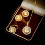 Wholesale Halo Pearl CZ Jewelry Set displayed in a box, showing a ring, stud earrings, and a pendant necklace. The design features a large round imitation pearl encircled by a halo of glittering cubic zirconia. Available in Golden Pearl/Yellow Gold and Black Pearl/Platinum finishes.