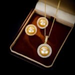 Wholesale Halo Pearl CZ Jewelry Set displayed in a box, showing a ring, stud earrings, and a pendant necklace. The design features a large round imitation pearl encircled by a halo of glittering cubic zirconia. Available in Golden Pearl/Yellow Gold and Black Pearl/Platinum finishes.