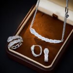 Wholesale Zircon Snake Jewelry Set, featuring high-quality zircon stones, white gold plated copper, a unique serpent design choker necklace, matching snake earrings, and a ring, a light luxury set from junejewelry.com.