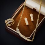 Wholesale Zircon Snake Jewelry Set, featuring high-quality zircon stones, white gold plated copper, a unique serpent design choker necklace, matching snake earrings, and a ring, a light luxury set from junejewelry.com.