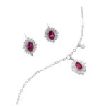 Vintage ruby jewelry set wholesale – red oval ruby pendant necklace and matching earrings in French royal floral design, white gold plated.