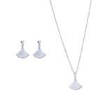 Wholesale Fan Shape Shell Set with natural Mother of Pearl fan motif and delicate CZ connector stones. The set includes a matching necklace and stud earrings, shown in both gold and platinum finishes on a black display.