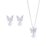 Wholesale Butterfly Pearl CZ Set in both white gold and yellow gold plating. Features a Micro-Pave CZ butterfly motif suspending a round imitation pearl, available as a necklace and matching earrings.