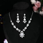 Wholesale Light Luxury Bridal Zircon Necklace Set, featuring a high-end design with brilliant zircon stones and copper settings, perfect wedding accessories for pairing with a formal gown, available in ready stock.