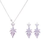 Wholesale leaf jewelry set with sparkling cubic zirconia necklace and earrings in white gold plated copper from JuneJewelry.com – elegant luxury jewelry for bulk buyers.