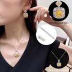 Geometric square yellow zirconia necklace and earrings jewelry set for women – white gold plated, luxury wholesale jewelry from JuneJewelry.com.