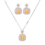 Geometric square yellow zirconia necklace and earrings jewelry set for women – white gold plated, luxury wholesale jewelry from JuneJewelry.com.