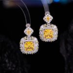 Geometric square yellow zirconia necklace and earrings jewelry set for women – white gold plated, luxury wholesale jewelry from JuneJewelry.com.