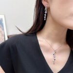 Wholesale Colorful Zircon Flower Tassel Jewelry Set in Dopamine style, featuring multi-colored inlaid zircon gemstones, a flower tassel necklace (choker/collar chain), and matching earrings, available in 18K Gold Plated or White Gold Plated copper from junejewelry.com.