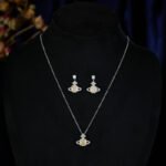 Wholesale Rose Cut Zircon Saturn Jewelry Set, featuring high-end rose-cut zircon stones, white gold plated copper, a delicate choker necklace, and matching Saturn-themed earrings, a luxury look statement set from junejewelry.com.