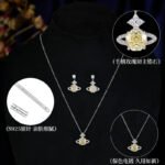 Wholesale Rose Cut Zircon Saturn Jewelry Set, featuring high-end rose-cut zircon stones, white gold plated copper, a delicate choker necklace, and matching Saturn-themed earrings, a luxury look statement set from junejewelry.com.