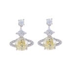 Wholesale Rose Cut Zircon Saturn Jewelry Set, featuring high-end rose-cut zircon stones, white gold plated copper, a delicate choker necklace, and matching Saturn-themed earrings, a luxury look statement set from junejewelry.com.