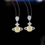 Wholesale Rose Cut Zircon Saturn Jewelry Set, featuring high-end rose-cut zircon stones, white gold plated copper, a delicate choker necklace, and matching Saturn-themed earrings, a luxury look statement set from junejewelry.com.