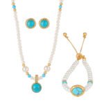 Wholesale Turquoise Pearl Beaded Set on a white background. Includes a long necklace with a round turquoise-colored pendant, matching gold-textured stud earrings, and an adjustable pearl slider bracelet.