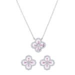 Wholesale clover zircon jewelry set in 18K white gold plated brass – elegant lucky clover necklace and earrings for women.