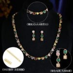 Geometric colorful cubic zirconia necklace and earrings set plated with 18K gold – European fashion jewelry wholesale for women.