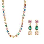 Geometric colorful cubic zirconia necklace and earrings set plated with 18K gold – European fashion jewelry wholesale for women.