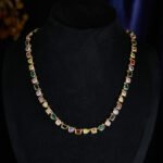 Geometric colorful cubic zirconia necklace and earrings set plated with 18K gold – European fashion jewelry wholesale for women.