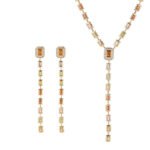 Wholesale Colorful Zircon Tassel Jewelry Set, featuring geometric square shapes, brilliant colorful micro-pave zircon gemstones, 18K real gold plated copper, a long tassel necklace, and matching drop earrings, a light luxury set from junejewelry.com.