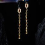 Wholesale Colorful Zircon Tassel Jewelry Set, featuring geometric square shapes, brilliant colorful micro-pave zircon gemstones, 18K real gold plated copper, a long tassel necklace, and matching drop earrings, a light luxury set from junejewelry.com.