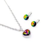 Wholesale crystal heart jewelry sets with Aurora Borealis (Rainbow) Swarovski Elements crystal pendant and matching earrings – 18K white gold plated fashion jewelry from JuneJewelry.com.