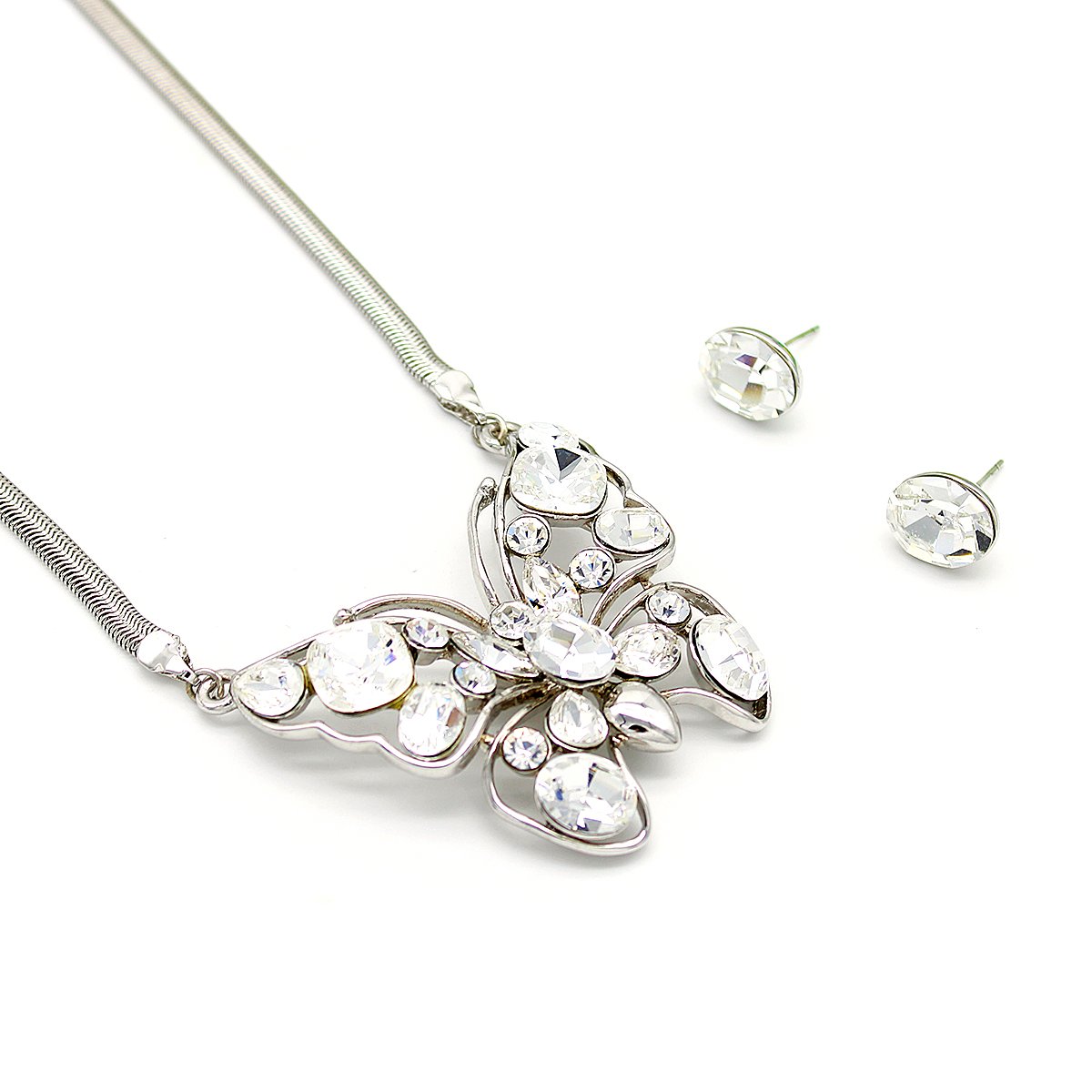 A004311A-001.306.A Wholesale butterfly crystal jewelry set with clear Swarovski Elements crystals on an 18K white gold plated necklace and matching stud earrings from JuneJewelry.com.