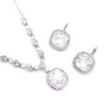 Wholesale cushion crystal jewelry set with large clear Swarovski Elements crystals, 18K white gold plated necklace and matching drop earrings from JuneJewelry.com.