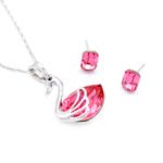 Wholesale crystal swan jewelry set with hot pink Swarovski Elements crystal pendant and matching stud earrings – 18K white gold plated fashion jewelry from JuneJewelry.com.