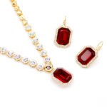 Wholesale emerald cut crystal set with clear rectangular Swarovski Elements crystals, 18K gold plated necklace and drop earrings from JuneJewelry.com.