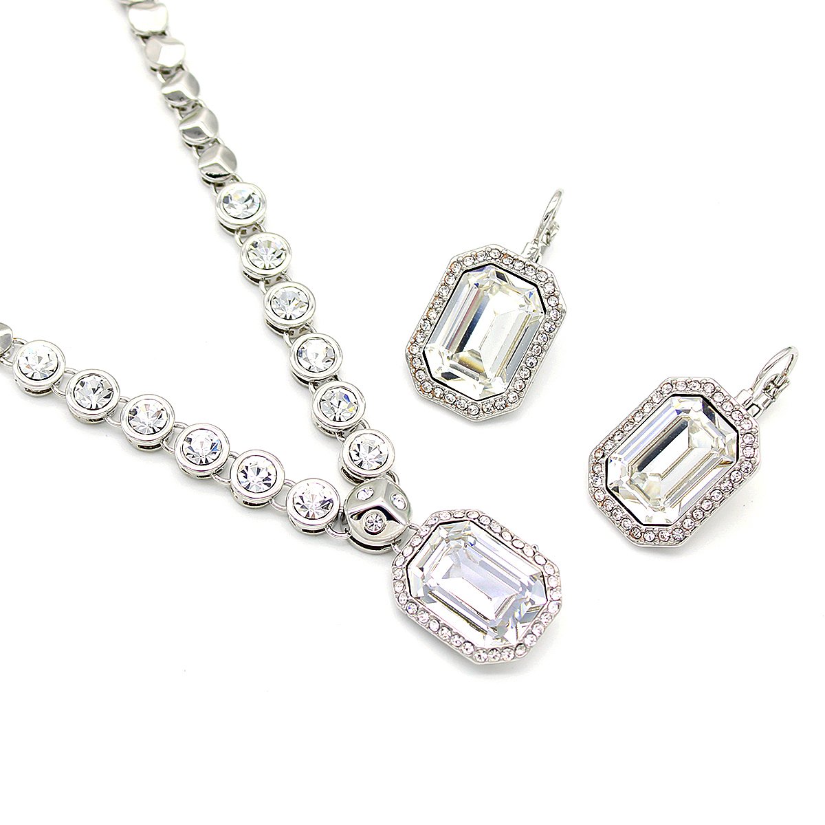 A100001A-004.316.A Wholesale emerald cut crystal set with clear rectangular Swarovski Elements crystals, 18K gold plated necklace and drop earrings from JuneJewelry.com.