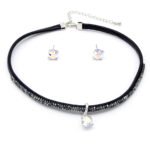 Wholesale black choker jewelry set with square Swarovski Elements crystal pendant and matching earrings – 18K plated punk fashion jewelry from JuneJewelry.com.